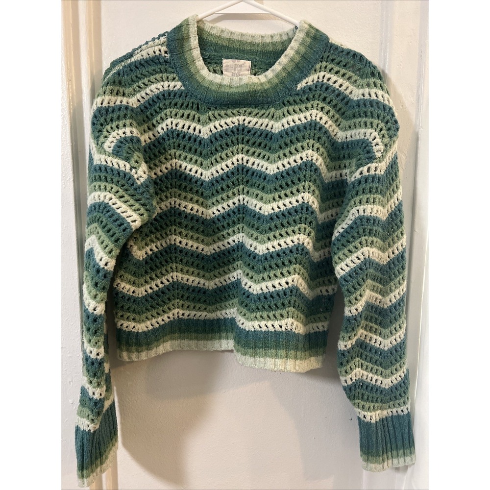 Hippie Rose Cropped Chevron Striped Crochet Sweater S Retro